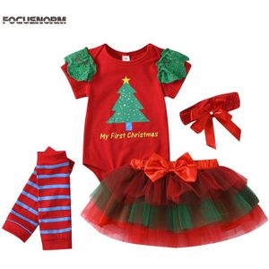Focusnorm Xmas Pasgeboren Baby Meisjes Kleding Sets 4Pcs Kerstboom Print Romper Tops Kant Tutu Rokken Hoofdband Beenwarmers