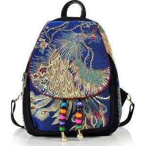 Veowalk Pauw Pailletten Geborduurd Vrouwen Canvas Rugzakken, Dames Bloemen Rugzakken Vrouw Kleine School Terug Zak Bagpack