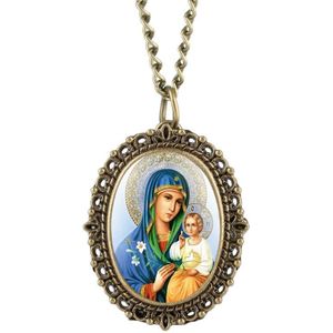 Retro Katholieke Heilige Maagd Maria Quartz Zakhorloge Brons Souvenir Hanger Ketting Klok voor Mannen Vrouwen