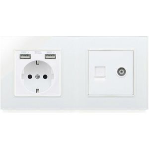 Atlectric De Eu Plug Stopcontact Dual Usb, RJ45, tv Poort Dubbele Socket Macht Stopcontact Glas Panel Led Indicator