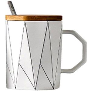 Creatieve Matte Geometrische Mok Met Bamboe Deksel Metalen Lepel, lijn Keramische Cup Mokken Magnetron Melk Cup Home Office Drinkware 400Ml