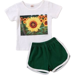 2-7Y Zomer Peuter Baby Meisjes Sport Kleding Sets Zonnebloemen Print Korte Mouwen T-shirts Tops Groen Shorts Casual Outfits