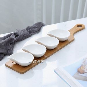 Japanse Stijl Fruitschaal Lade Creatieve Keramische Bestek Schotel Snacks/Noten/Desserts Natuurlijke Bamboe Dienblad Set/saus Schotel