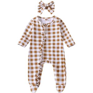 Focusnorm Pasgeboren Baby Meisjes Jongens Rompertjes 0-6M Lange Mouwen Ruches Rits Plaid Print Jumpsuits Een Stuk