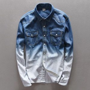 100% Katoen Gradiënt Blauw Jeans Shirt Mannen Mode Unieke Persoonlijkheid Denim Shirt Mannen Lente Lange Shirts Heren