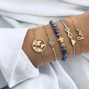 5 stks/set Mode Hart Kaart Charme Armbanden Set Voor Vrouwen Boho Vintage Steen Lederen Ketting Armband Partij Sieraden