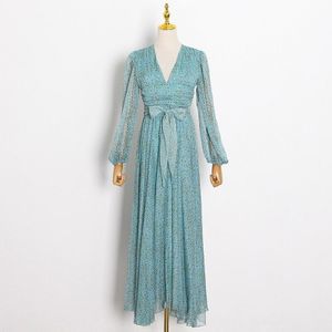 Vgh Vintage Gedrukt Jurk Voor Vrouwen V-hals Lantaarn Mouw Hoge Taille Maxi Elegante Jurken Vrouwelijke Fall stijlvolle