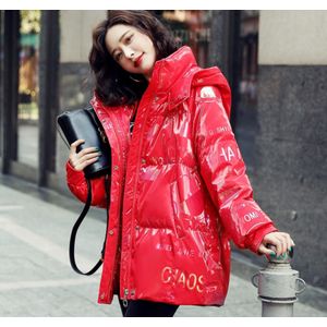 Winterjas Vrouwen Populaire Dikke Mode Vergulden Pocket Brief Afdrukken Rits Glossy Parka Zwart Rode Jas Elegante Vrouwelijke
