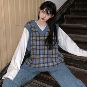 Vest Vrouwen Plaid Vintage Harajuku Stijlvolle Street-Wear V-hals Mouwloze Truien Studenten Koreaanse Stijl Losse Casual Mode Chic