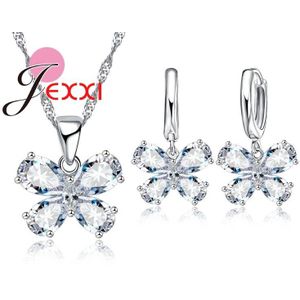 Elegante Vlinder Water Zirconia S925 Sterling Zilveren Vrouwen Verklaring Ketting Oorbellen Sieraden Set Voor Bruiloft