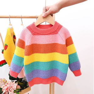 1-5 Jaar Oud Mooie Baby Meisjes Winter Dragen Regenboog Streep Gebreide Trui Kinderen Ronde Hals Kids Kleding Kerst trui