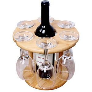 Bmby-Wijnglas Houder Bamboe Tafelblad Wijn Glas Droogrekken Camping Voor 6 Glas En 1 Wijn Fles