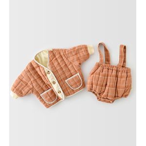 Baby Koreaanse Jongens Meisjes Rompertjes + Jas Tweedelige Sets Katoen Gevoerde Lange Mouwen Gewatteerde Plaid Bloemen Jas Winter Warm jumpsuits