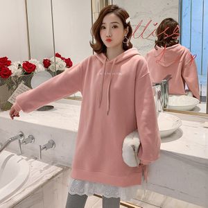 Winter Zwangere Vrouwen Kleding Katoen Fleece Sweatshirts Letters Borduren Kant Zoom Patchwork Plus Size Moederschap Hoodies