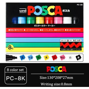 Uni Posca PC-8K Water-Gebaseerde Marker 8-Kleuren Pop Poster Reclame Graffiti Pen 8.0Mm Grote Tekens Water weerstand Dekking