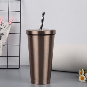 16Oz 304 Rvs Cup Met Metalen Stro Grote Capaciteit Thermosflessen Effen Kleur Koffie Tumbler Mok