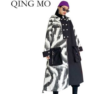 Qing Mo Tij Vrouwen Hooded Trenchcoat Vrouwen Denim Patchwork Jas Vrouwelijke Persoonlijkheid Lange Jas ZQY5055