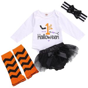 Halloween Outfit Baby Meisje Jongen Set 4 Stuks Brief Print Lange Mouwen Top Bodysuit Tutu Mesh Rok Hoofddeksels Warmer Been