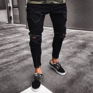 Heren Jeans Cool Brand Black Ripped Ripped Stretch Jeans Slim Fit Hop Broek Met Gaten Voor Mannen