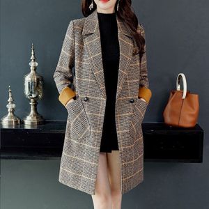 Vrouwen Herfst Wollen Jas Zakken Blends Lange Plaid Jassen Winter Lange Mouwen Slim Coat Dames Office Uitloper Vrouw kleding