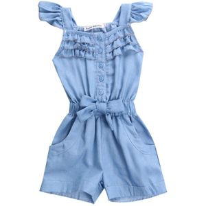 Solid Overalls Kids Baby Meisje Casual Kleding Denim Blauw Gewassen Jeans Mouwloze Strik jumpsuit Kleding