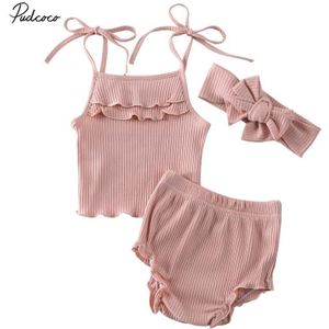 Baby Zomer Kleding Pasgeboren Baby Baby Meisje Gebreide Kleding Verstoorde Vest Top Broek Hoofdband 3Pcs Geribbelde Outfit Set