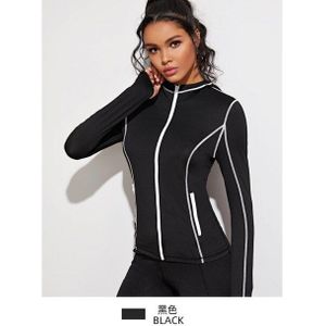 Vrouwen Zwart Contrast Rits Staande Kraag Sport Top Leisure Yoga Fitness Strakke Ademende Kleding Outdoor Running Jacket