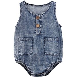 Baby Zomer Kleding Unisex Baby Mouwloze Denim Romper Baby Meisjes Jongens Ronde Kraag Pocket Jumpsuit Kleding