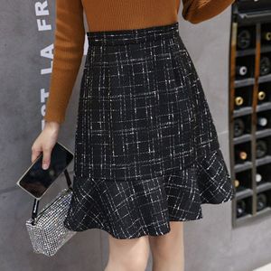 Vintage Plaid Tweed Rokken Herfst Rits Wollen Rok Vrouwen Knielange Hoge Taille Mermaid Rok Midi Losse Korea Kantoor lady W202