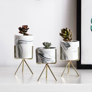 Nordic Minimalisme Stijl Marmeren Patroon Gouden Keramiek Iron Art Vaas Tafelblad Flowe Pot Thuis Bruiloft Decor Voor Woonkamer