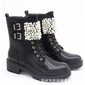 Hokszvy Lente Winter Romeinse Parel Lace Up Vrouwen Laarzen Handgemaakte Kralen Schoenen Lederen Laarzen Vrouwen GYY-XT7608