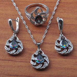 Zilver Kleur Sieraden Sets Voor Vrouwen Multicolor Regenboog Zirconia Brithday Oorbellen Ketting Hanger Ringen Set JS0633