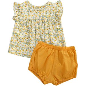 2 Stuks Pasgeboren Baby Meisjes Pak Set Bloemenprint Ronde Hals Fly Mouw Top Jurk Shirt + Solid Shorts geel