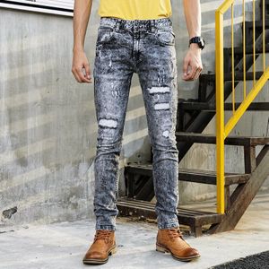 Streetwear Mannen Jeans Retro Grijs Slim Fit Elastische Ripped Jeans Mannen Vernietigd Punk Broek Hip Hop Jeans homme