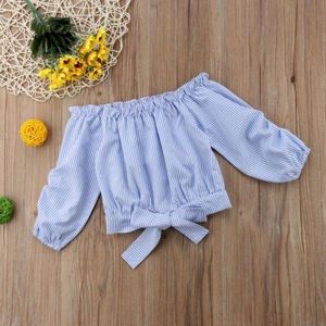 Peuter Baby Kid Meisjes Blauw Wit Gestreepte Lange Mouwen Blouses Tops Off Shoulder Zomer Meisjes shirts