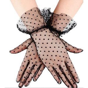 Vrouwelijke Sexy Mesh Handschoenen Ruffle Trim Gelaagde Tulle Mesh Semi Sheer Zwarte Stip Vrouwen See Through Handschoenen Kostuum Accessoires