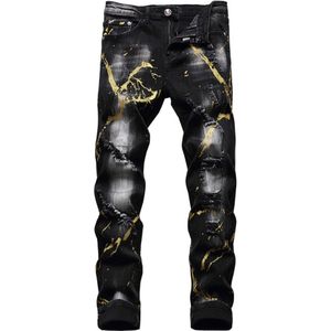 Heren Golden Geschilderd Gescheurd Denim Jeans Streetwear Gaten Vernietigd Stretch Skinny Broek Zwarte Broek