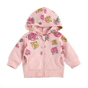 Pudcoco Herfst 0-24M Peuter Baby Girl Hooded Rose Print Rits Lange Mouw Roze Top Leuke baby Outfit Kleding