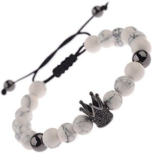 Luxe Kristal Kroon Verstelbare Mens Weven Armband Micro Pave Black Zirkoon Natuurlijke Witte Onyx Kralen Armbanden Voor Mannelijke