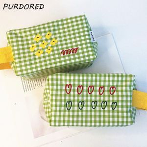 Purdored 1 Pc Groene Plaid Make-Up Tas Voor Vrouwen Dubbelzijdige Borduurwerk Mini Hart Cosmetische Bag Vrouwelijke Reizen Make-Up organizer
