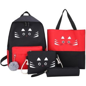 4 Stks/set Canvas Rugzakken Cartoon Kat Rugzak Studenten Mochila Schoudertassen Multi-Functionele Studeren Accessaries Levert