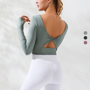 Sexy Crop Top Herfst Lange Mouw Duim Gaten Yoga Shirts Verwijderbare Borst Pad Vrouwen Yoga Tees U-vormige Twist Open terug Yoga Top
