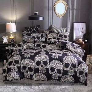 Beddengoed Set Luxe Koningin Koning Europese Stijl Zwarte Schedel En Bloemen Dekbedovertrek Set 3 Stuks Zacht Beddengoed Set