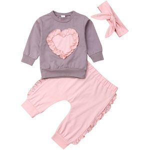 0-24 M Peuter Baby Girl Kid Kleding Sets Solid Ruches Lange Mouw Tops Broek Hoofdband Liefde Vorm Kleding