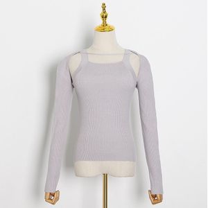 Twotwinstyle Patchwork Trui Voor Vrouwen Vierkante Kraag Lange Mouw Slanke Minimalistische Zwart Tops Vrouwelijke Fall Tij