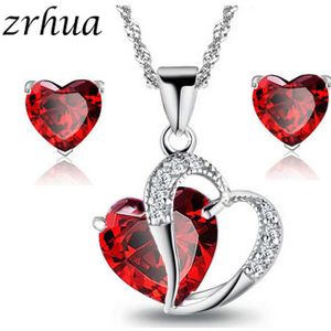 Rood/Paars/Wit Crystal Afrikaanse Sieraden Sets 925 Zilveren Hart Strass Bruids Ketting Oorbellen voor Vrouwen Kerstcadeau