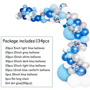 134Pcs Blauwe Ballon Garland Arch Kit Wit Grijs Blauw Confetti Latex Ballonnen Baby Douche Bruiloft Verjaardagsfeestje Decoraties