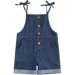 Kids Meisjes Denim Overall Shorts, Vetersluiting Spaghettibandjes Knoopsluiting Casual Jumpsuit