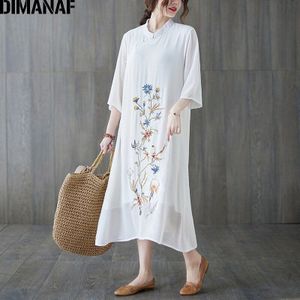 Dimanaf Zomer Jurk Vrouwen Chinese Stijl Elegante Dame Vestidos Borduren Bloemen Zonnejurk A-lijn Lange Jurken Chiffon Kleding