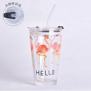 500ML Flamingo Dier Doos Glas Water Flessen Familie Digitale Glazen Maatbeker Melk Koffie Glazen Beker Met deksel Thee stro Mok